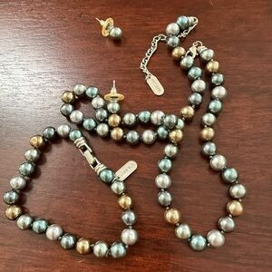 Kissaka Signed Gold and Silver Pearl Necklace Bracelet Earring Set